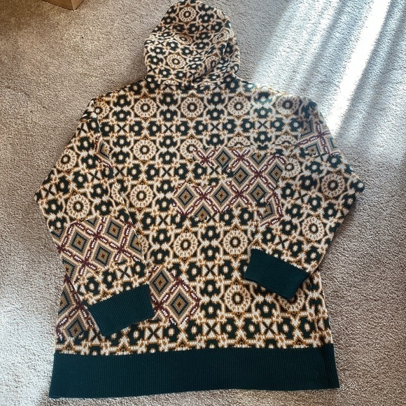 Smoke Rise Cotton Hoodie Tapestry Jacquard Knit Top Green Gold Fairisle Sz XL - Picture 7 of 10
